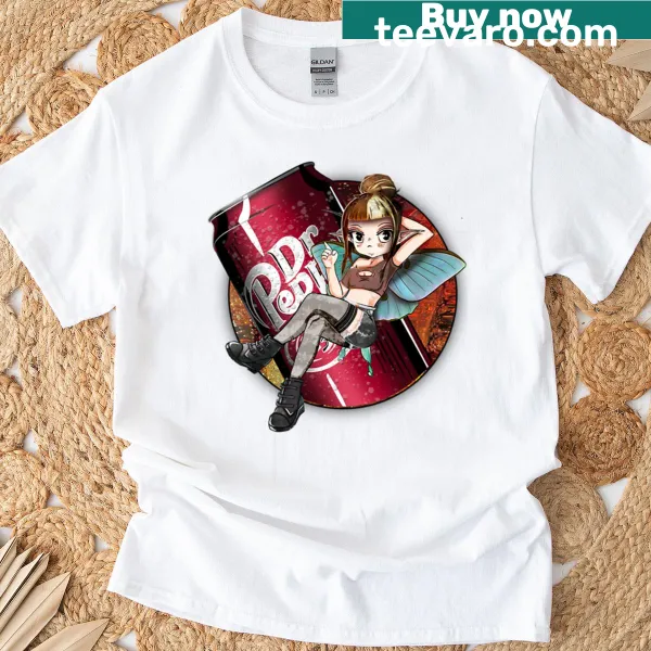 Whimsical fairy illustration with Dr Pepper motifs on a t-shirt