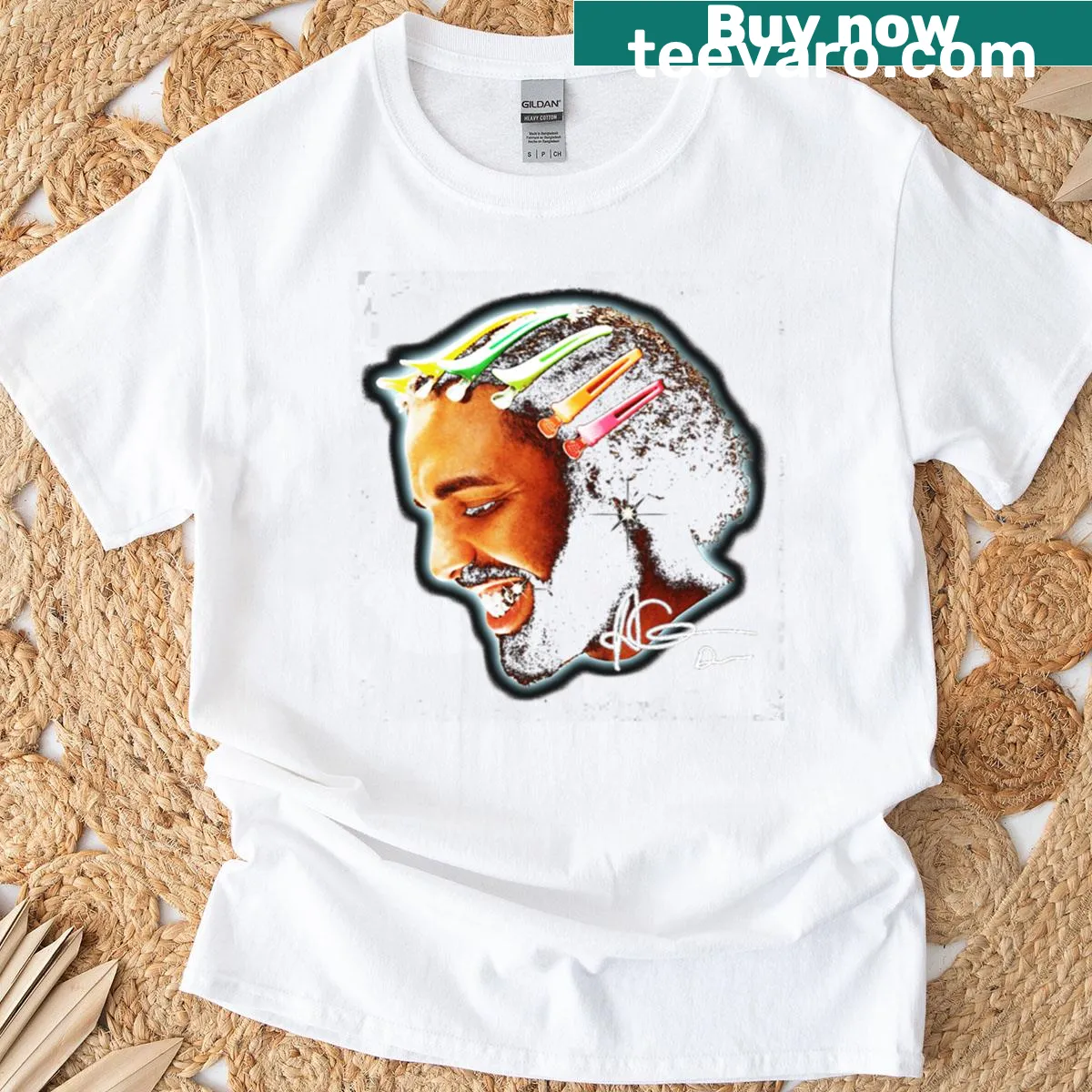 Big face graphic of Drake on a humorous T-shirt — on a men's t-shirt