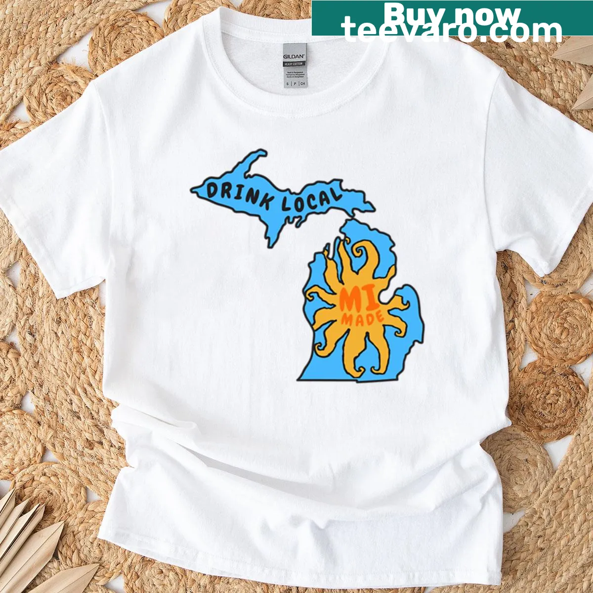 Illustrated t-shirt celebrating Michigan made beverages — on a men's t-shirt