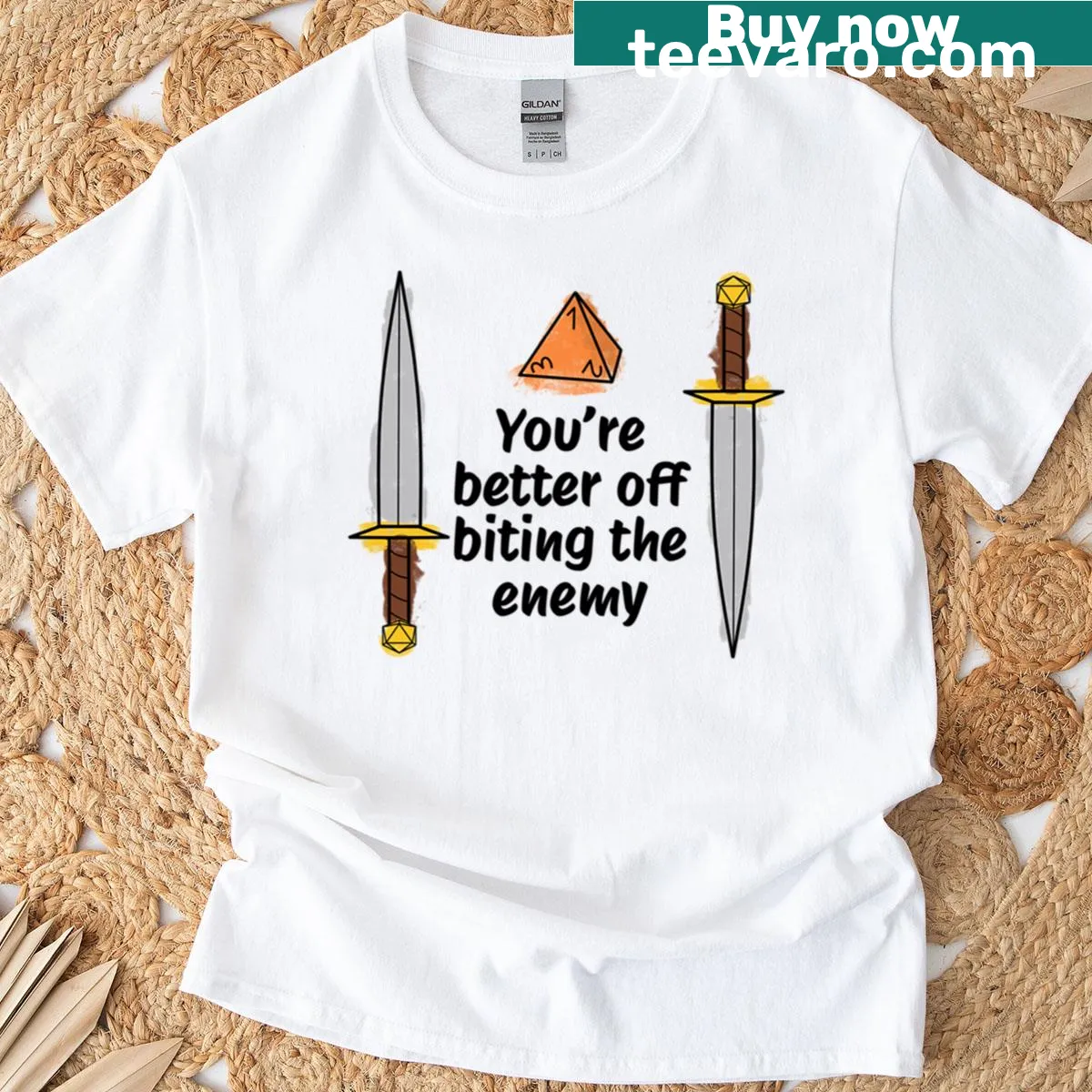 Dungeons and Dragons themed T-shirt with dice and daggers — on a men's t-shirt