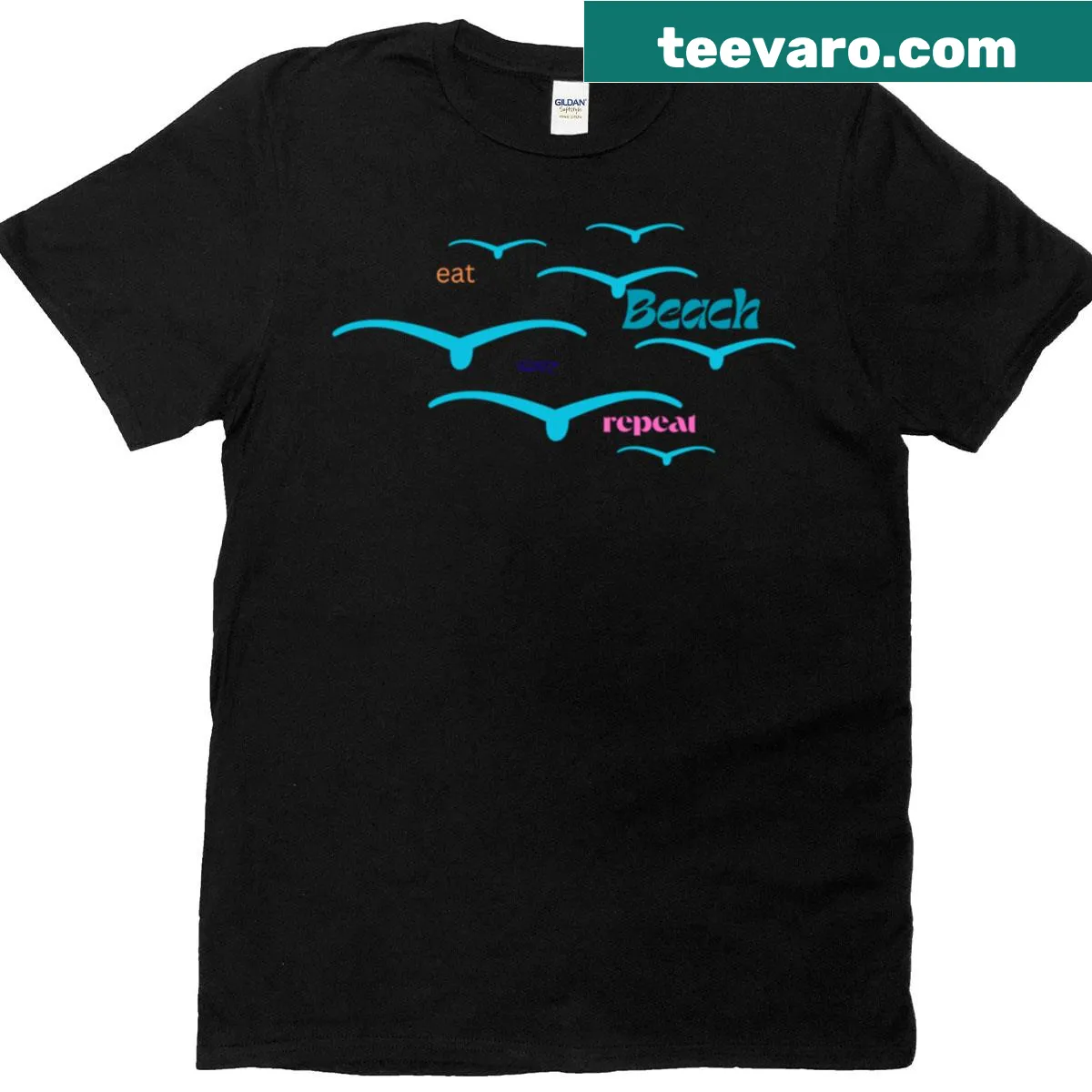 Fun beach-themed T-shirt with 'Eat Beach Sleep Repeat' text — on a men's t-shirt