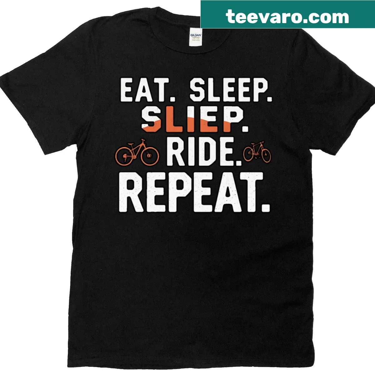 Funny biking quote T-shirt with Eat Sleep Ride Repeat design — on a men's t-shirt
