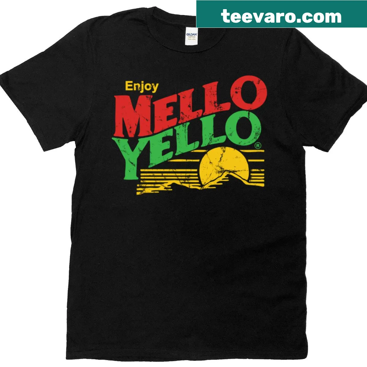 Vintage Mello Yello t-shirt with retro logo design — on a men's t-shirt