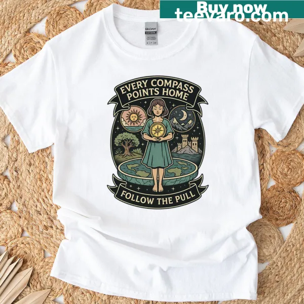 Illustrated compass design with the phrase 'Follow The Pull'.