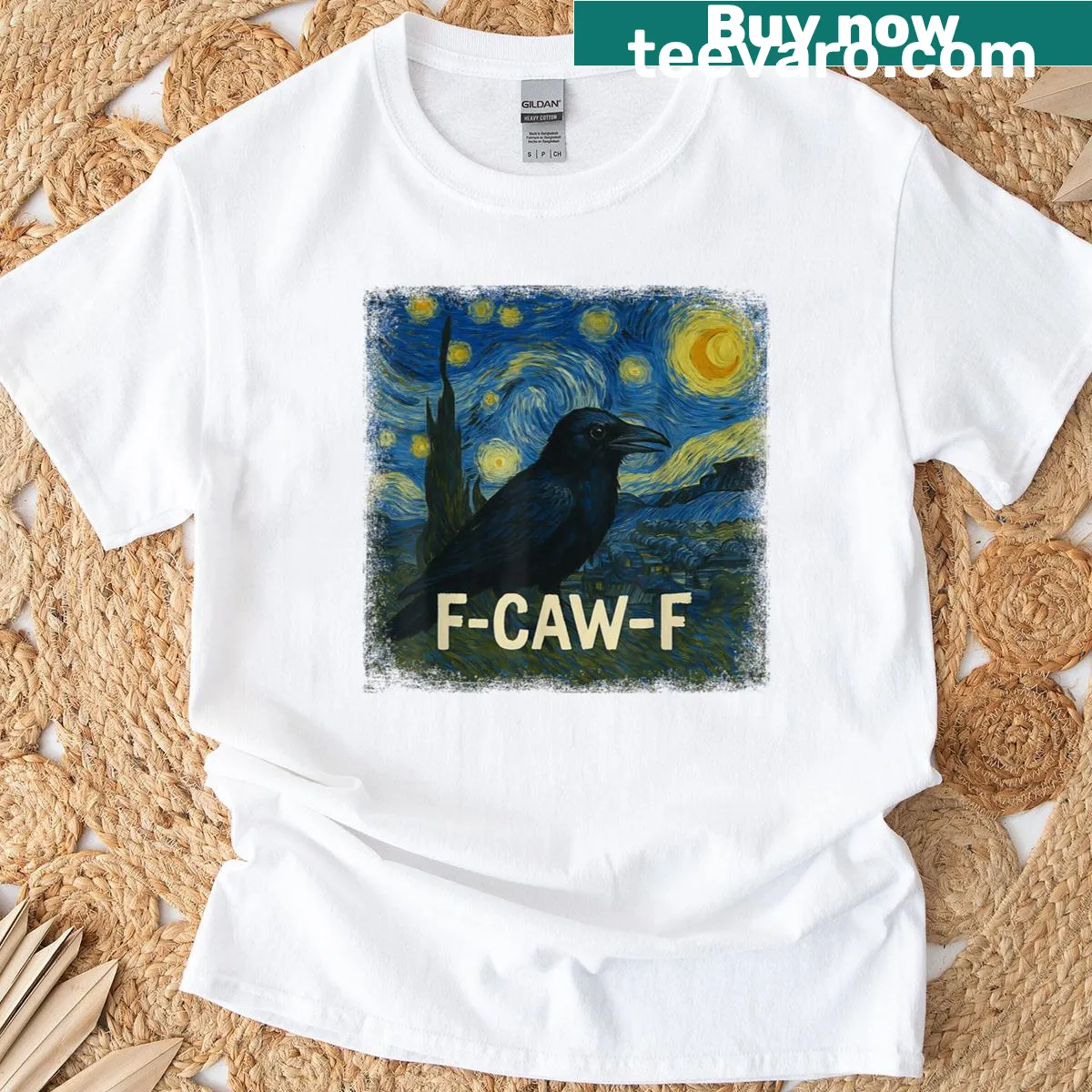 Silhouette of a crow in a starry night art design — on a men's t-shirt