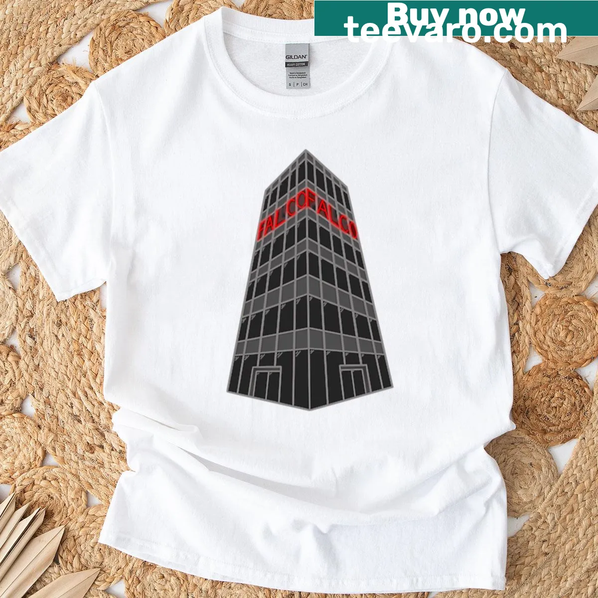 Illustrated Falco Tower t-shirt featuring a whimsical tower design — on a men's t-shirt