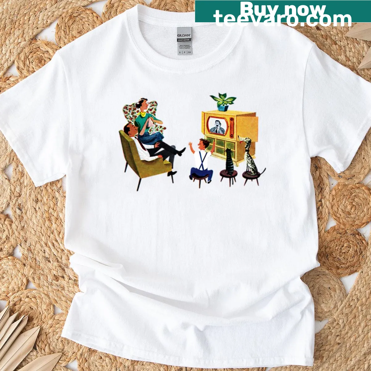 Illustrated 1950s family scene t-shirt celebrating family time — on a men's t-shirt