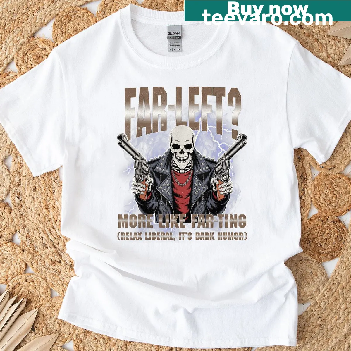 Cartoon graphic t-shirt featuring a humorous skeleton meme — on a men's t-shirt