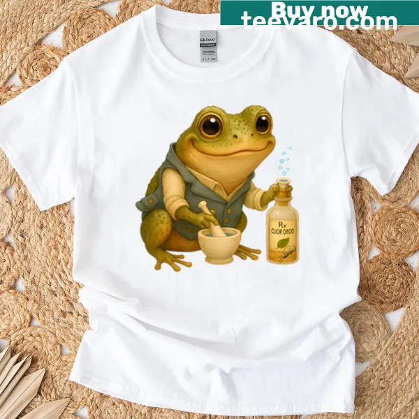 Illustrated T-shirt featuring Federico the Amphibian as a pharmacist