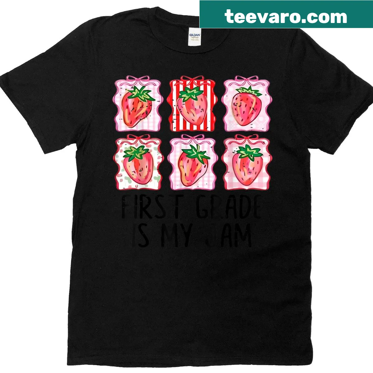 T-shirt with strawberry graphic and text celebrating first grade — on a men's t-shirt