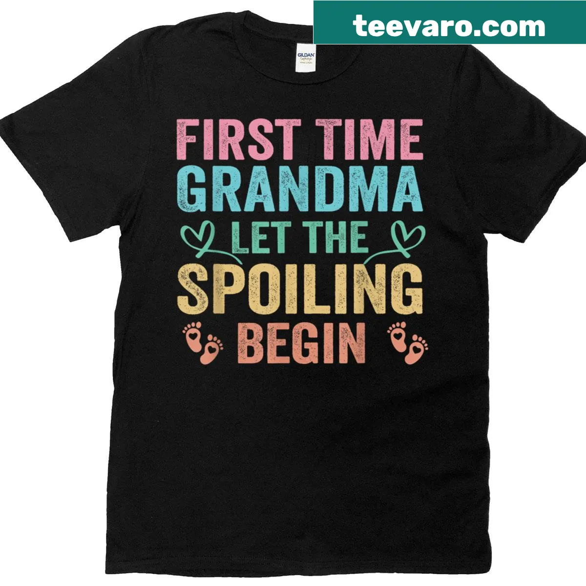 Playful text celebrating first-time grandmothers and their spoiling role — on a men's t-shirt