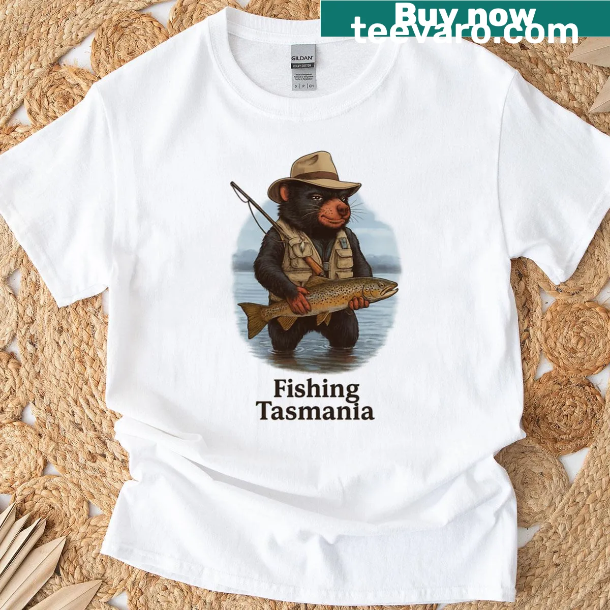 T-shirt featuring a scenic fishing design from Tasmania — on a men's t-shirt