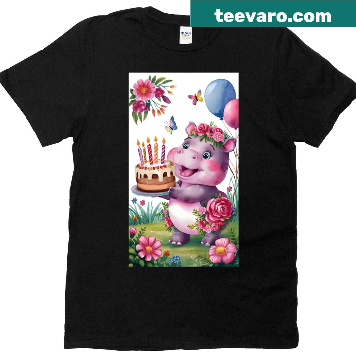 Cute floral hippo illustration with a birthday cake on a t-shirt. — on a men's t-shirt