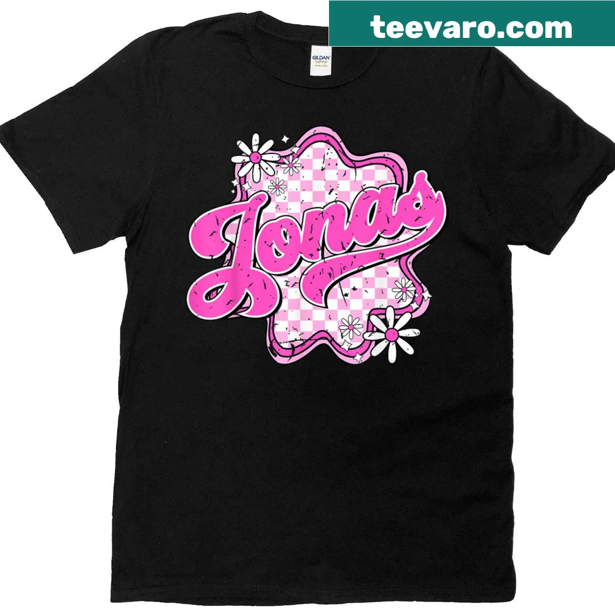 Floral design featuring the name Jonas in a groovy 80s style — on a men's t-shirt