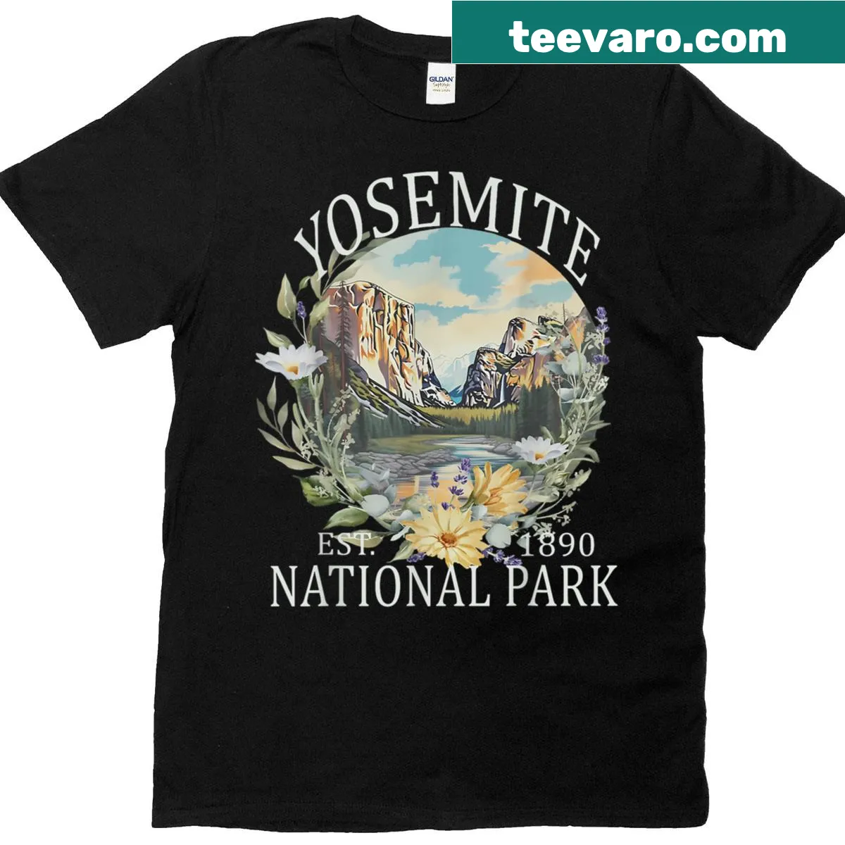 Vintage floral graphic of Yosemite National Park on T-shirt — on a men's t-shirt