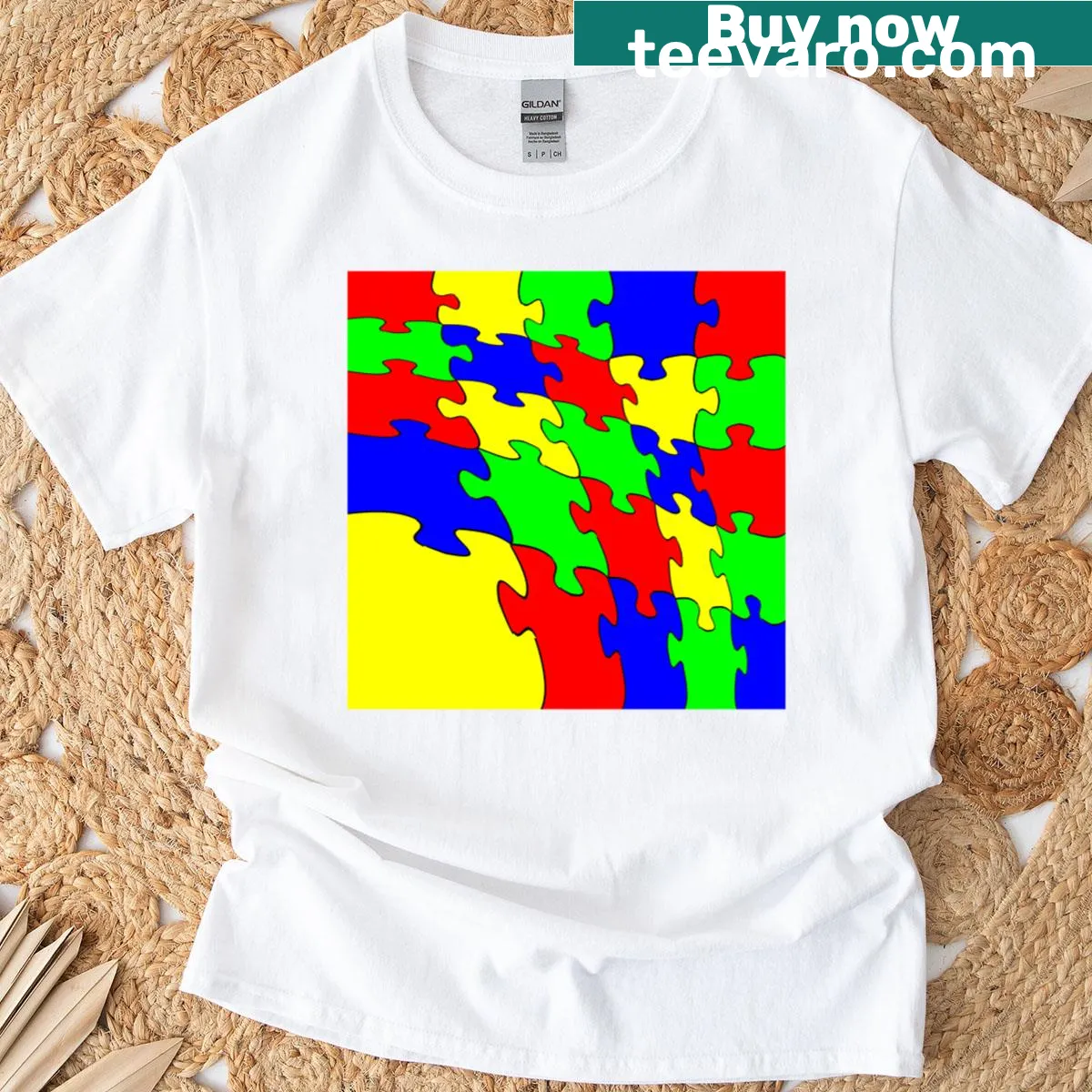 Jigsaw puzzle piece design T-shirt depicting flowing art — on a men's t-shirt
