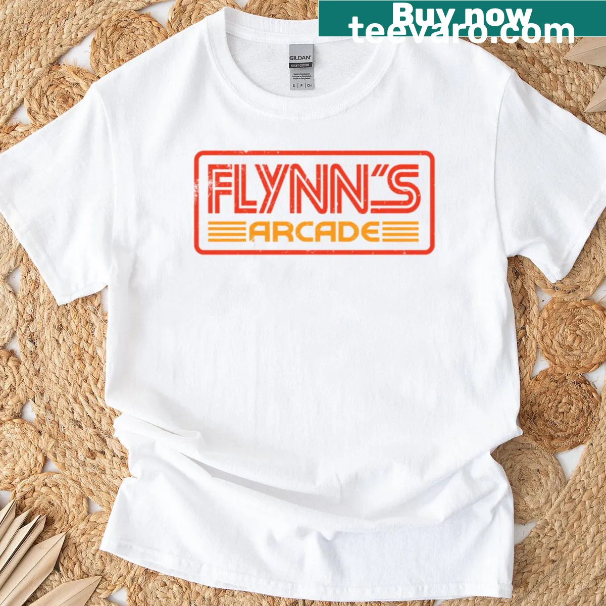 Retro graphic of Flynn's Arcade with pixelated designs — on a men's t-shirt