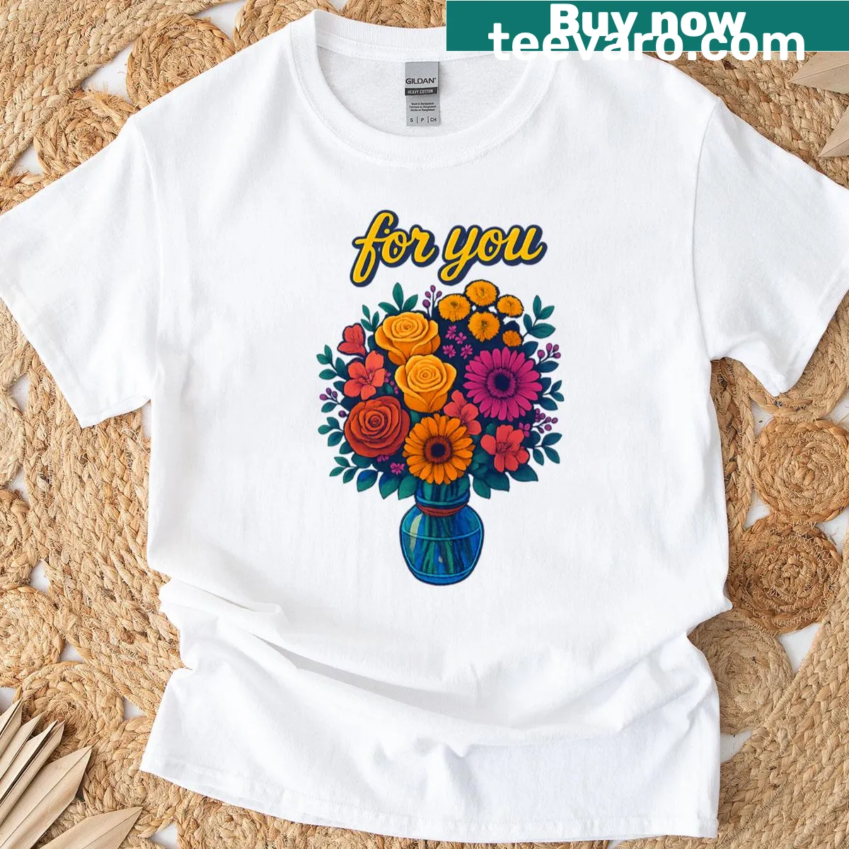 Illustrated T-shirt featuring a colorful bouquet in pop art style — on a men's t-shirt
