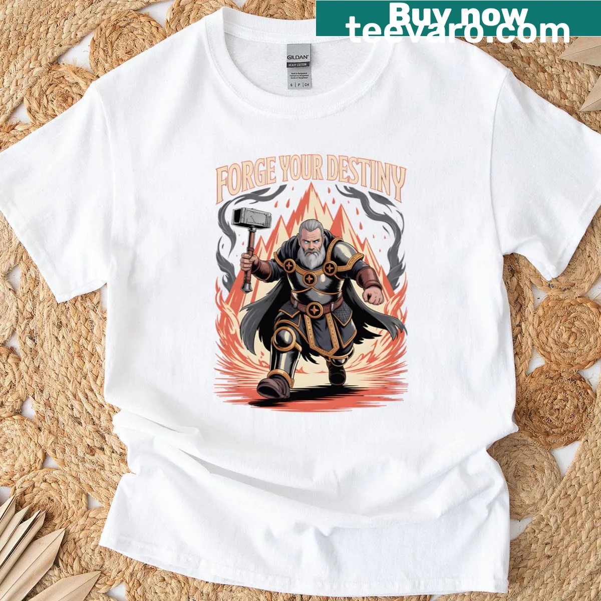 Illustration of a paladin with the text 'Forge Your Destiny' on a T-shirt — on a men's t-shirt