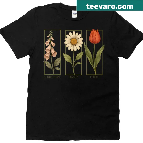 Vintage botanical flowers T-shirt with foxglove, daisy, and tulip graphics