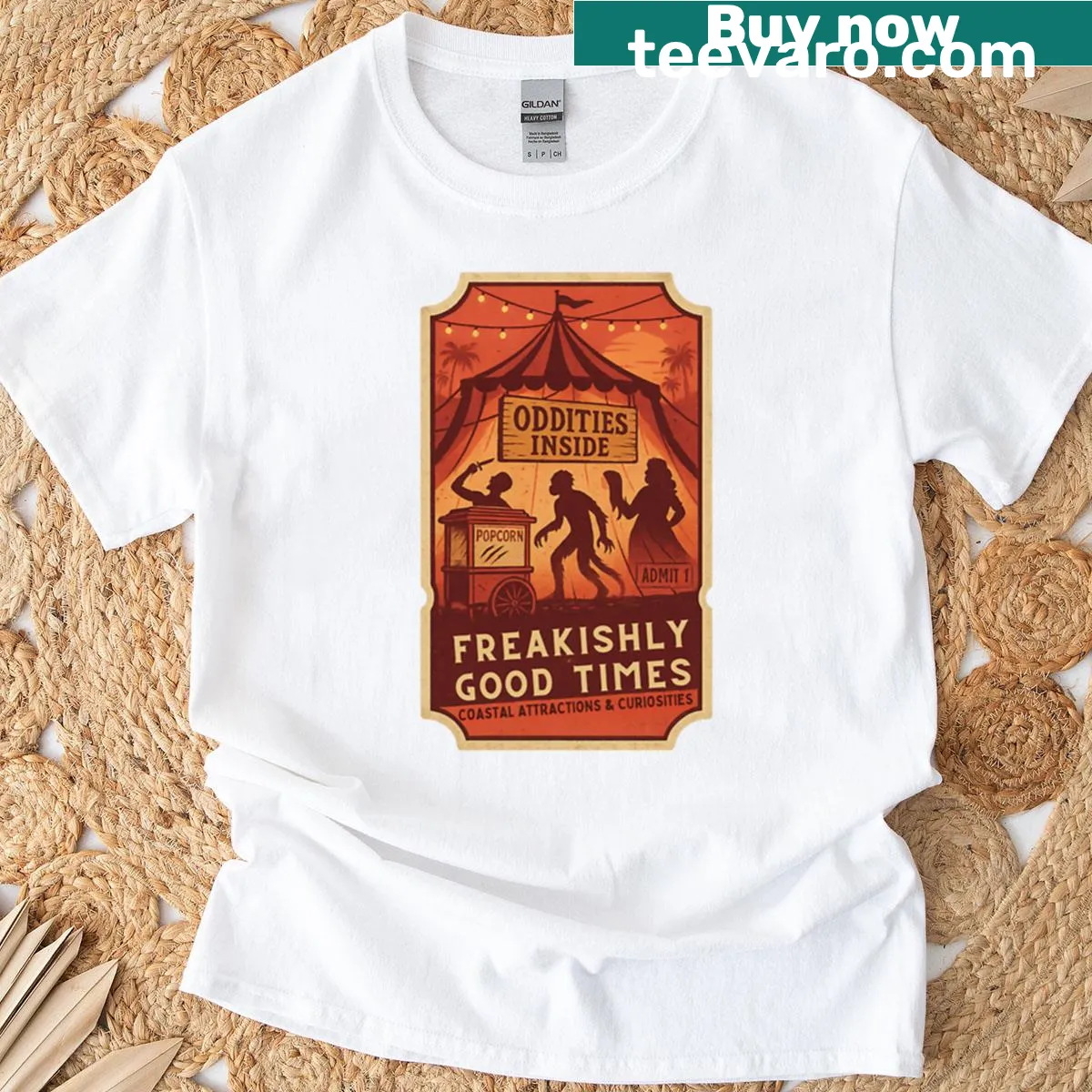 Illustration of Gibsonton carnival horror theme on t-shirt — on a men's t-shirt