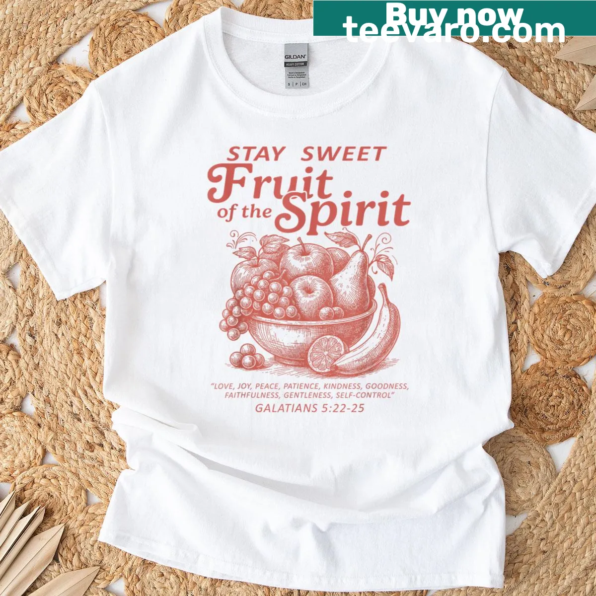 Vintage distressed Fruit of the Spirit graphic t-shirt — on a men's t-shirt