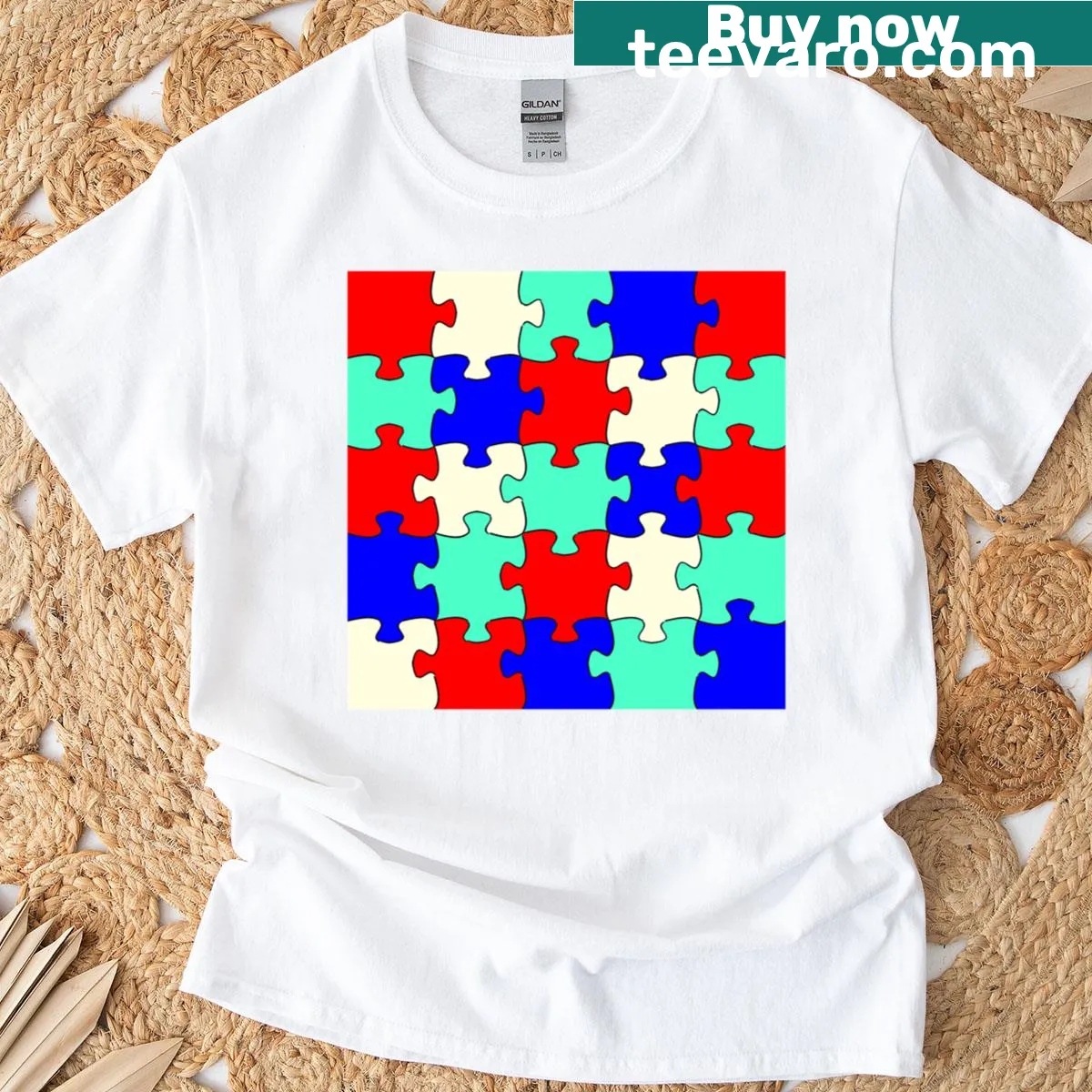 Playful jigsaw puzzle design on a T-shirt — on a men's t-shirt