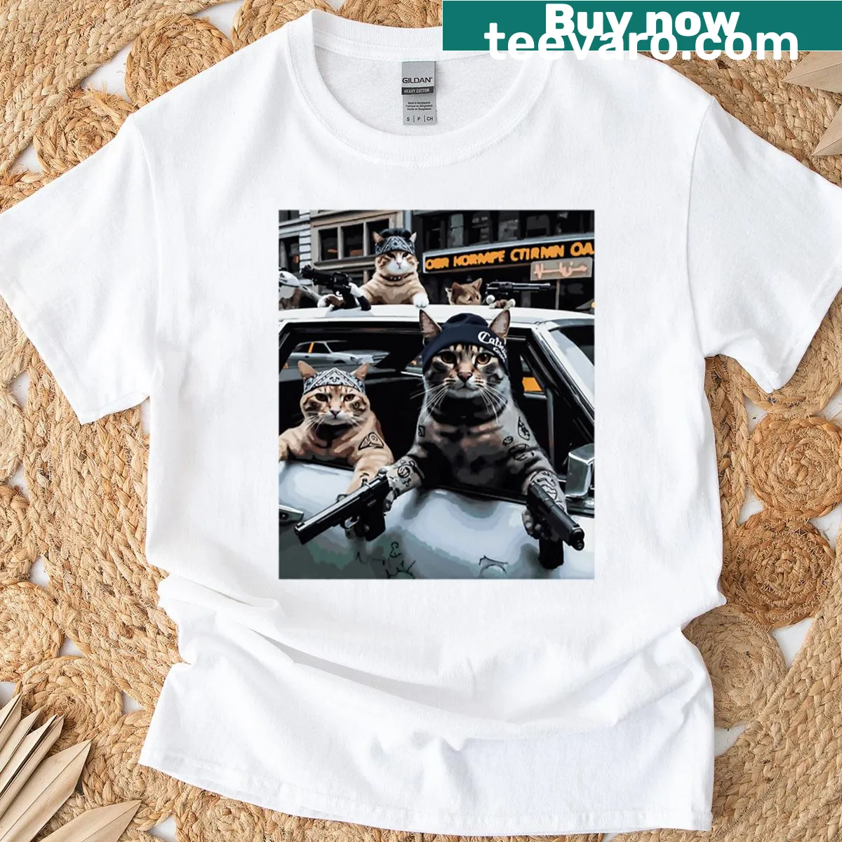 Humorous 'Funny Cat Gang' text design on a T-shirt. — on a men's t-shirt