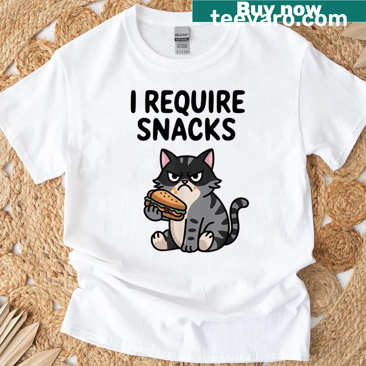 Funny t-shirt with the text 'I Require Snacks' featuring a cat theme — on a men's t-shirt
