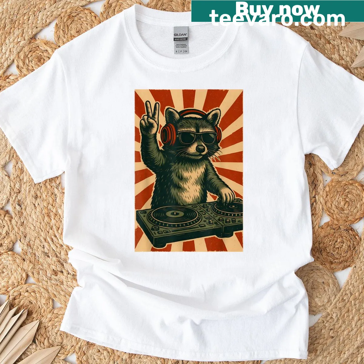 Vintage-style t-shirt featuring a funny DJ raccoon with headphones — on a men's t-shirt