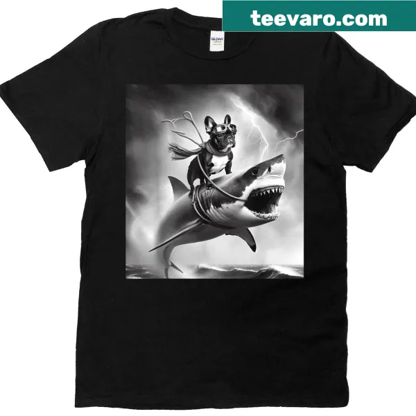Cartoon French Bulldog riding a shark in a tornado