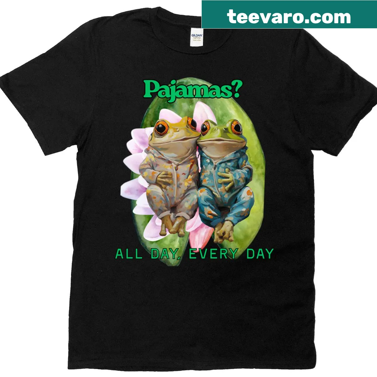 Cartoon frogs in pajamas lounging on a lily pad — on a men's t-shirt