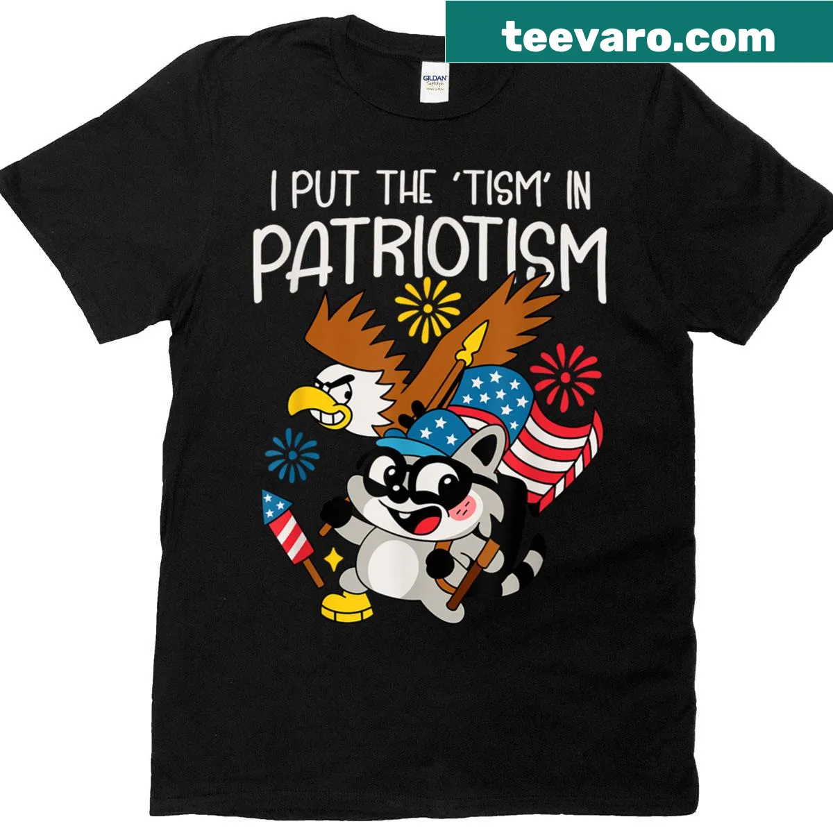 Cartoon raccoon and eagle graphic on a humorous t-shirt. — on a men's t-shirt