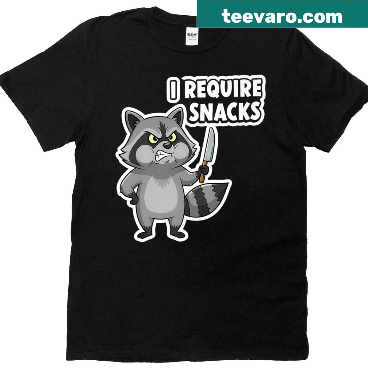 Cartoon raccoon t-shirt with humorous snack demand graphic. — on a men's t-shirt