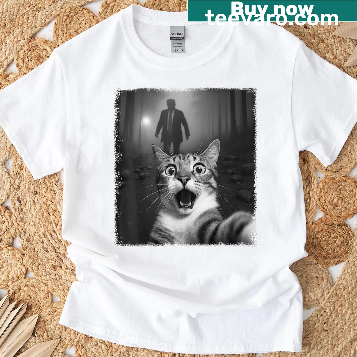 Surprised cat graphic on a humorous meme T-shirt — on a men's t-shirt