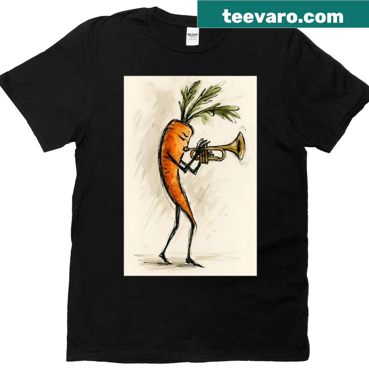 Cartoon veggie trumpetist T-shirt with a funny music theme. — on a men's t-shirt