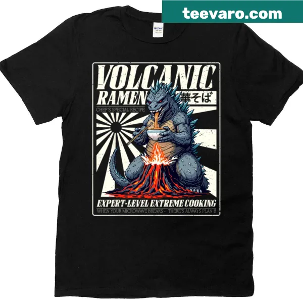 Illustration of a giant monster eating ramen on a t-shirt