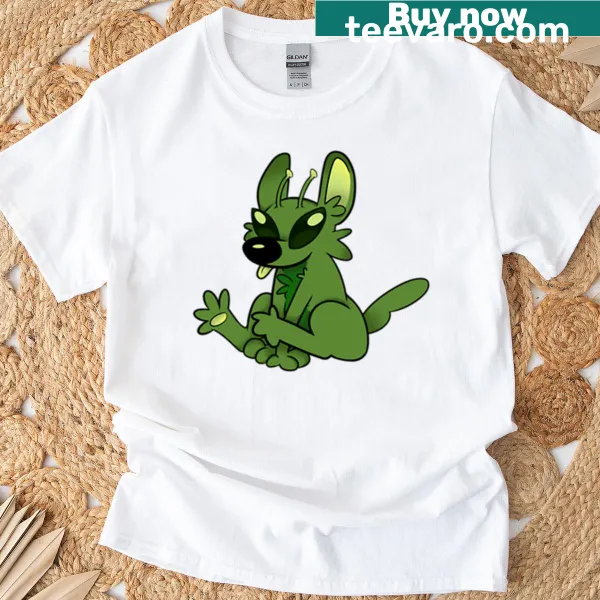 Illustration of a goofy green space dog on T-shirt