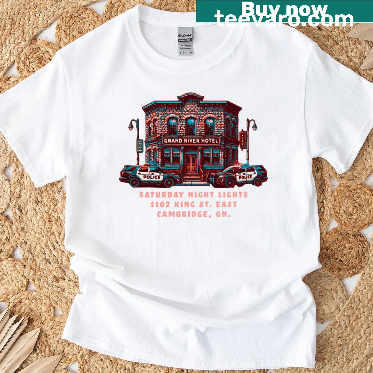 Illustrated t-shirt featuring Grand River Hotel design — on a men's t-shirt