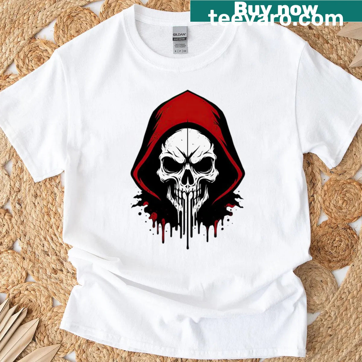 Grim Reaper skull in red hood graphic on T-shirt — on a men's t-shirt