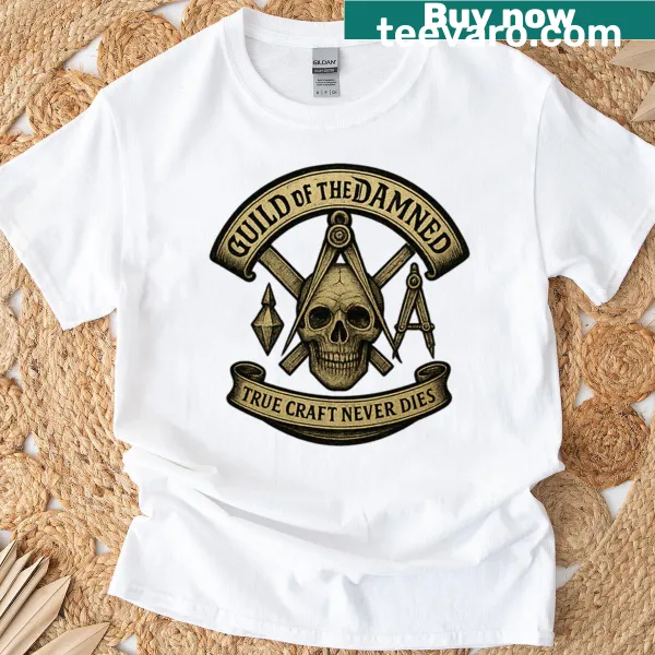 Dark fantasy design of the Guild of the Damned on t-shirt