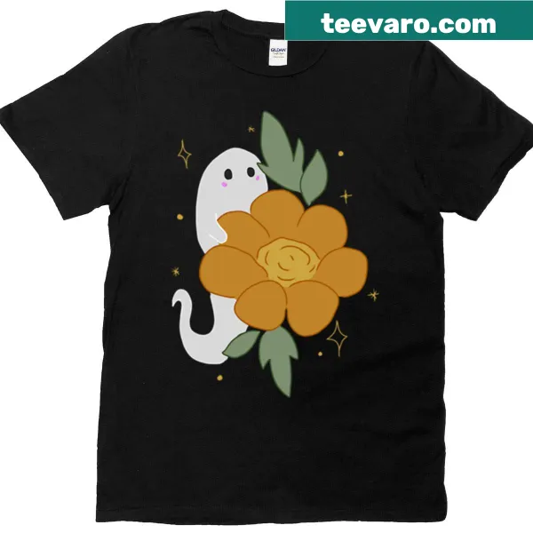Halloween-themed t-shirt with a pattern of playful ghosts