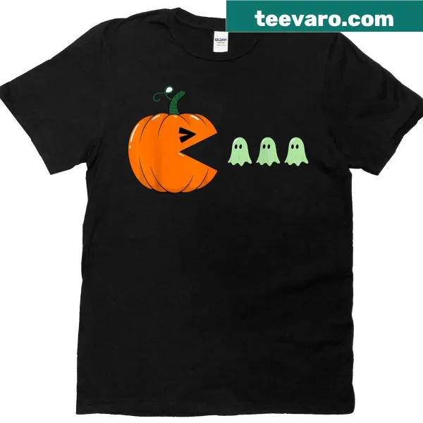 Cartoon Halloween T-shirt with pumpkin and ghost design.
