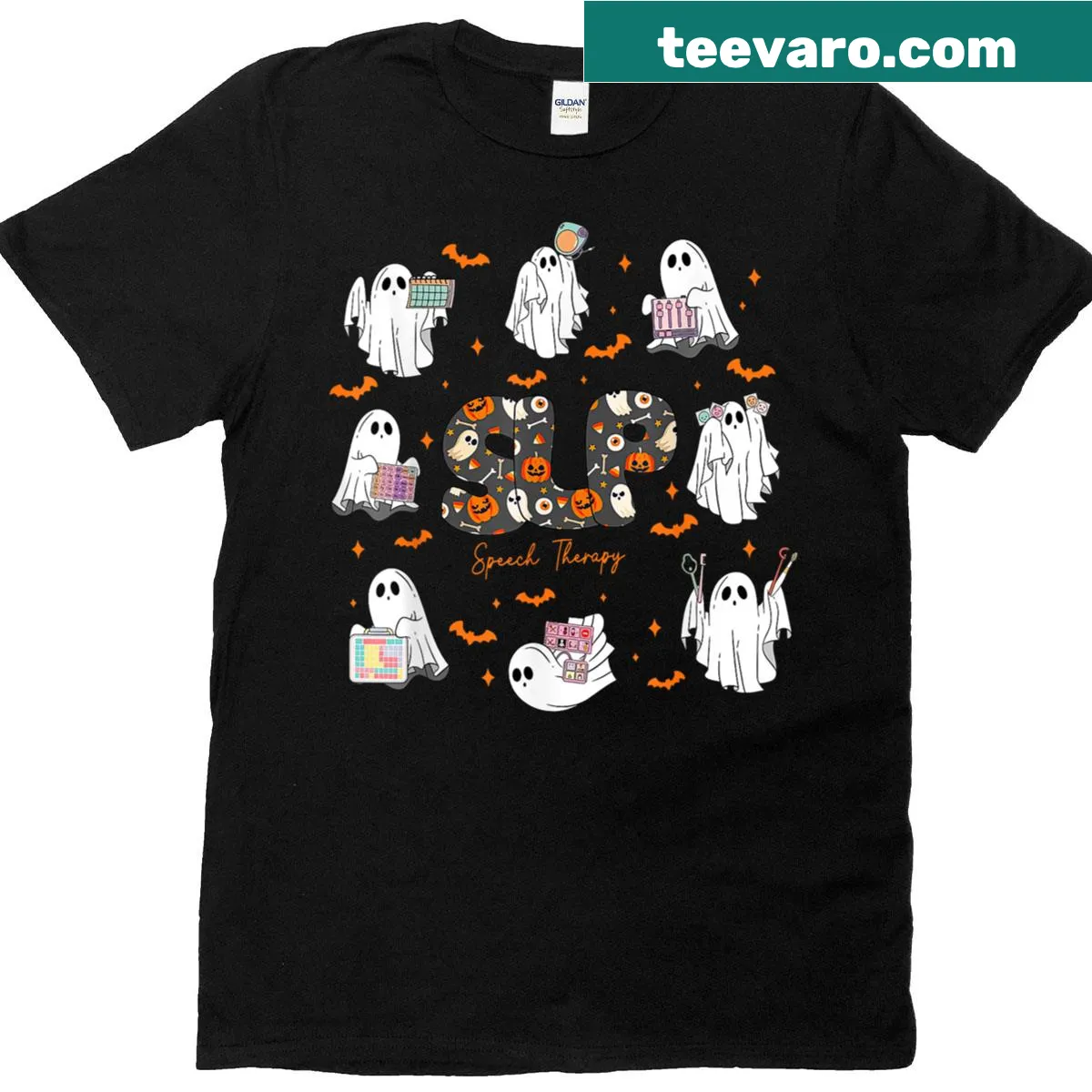 Halloween-themed t-shirt for speech therapists with ghost design — on a men's t-shirt