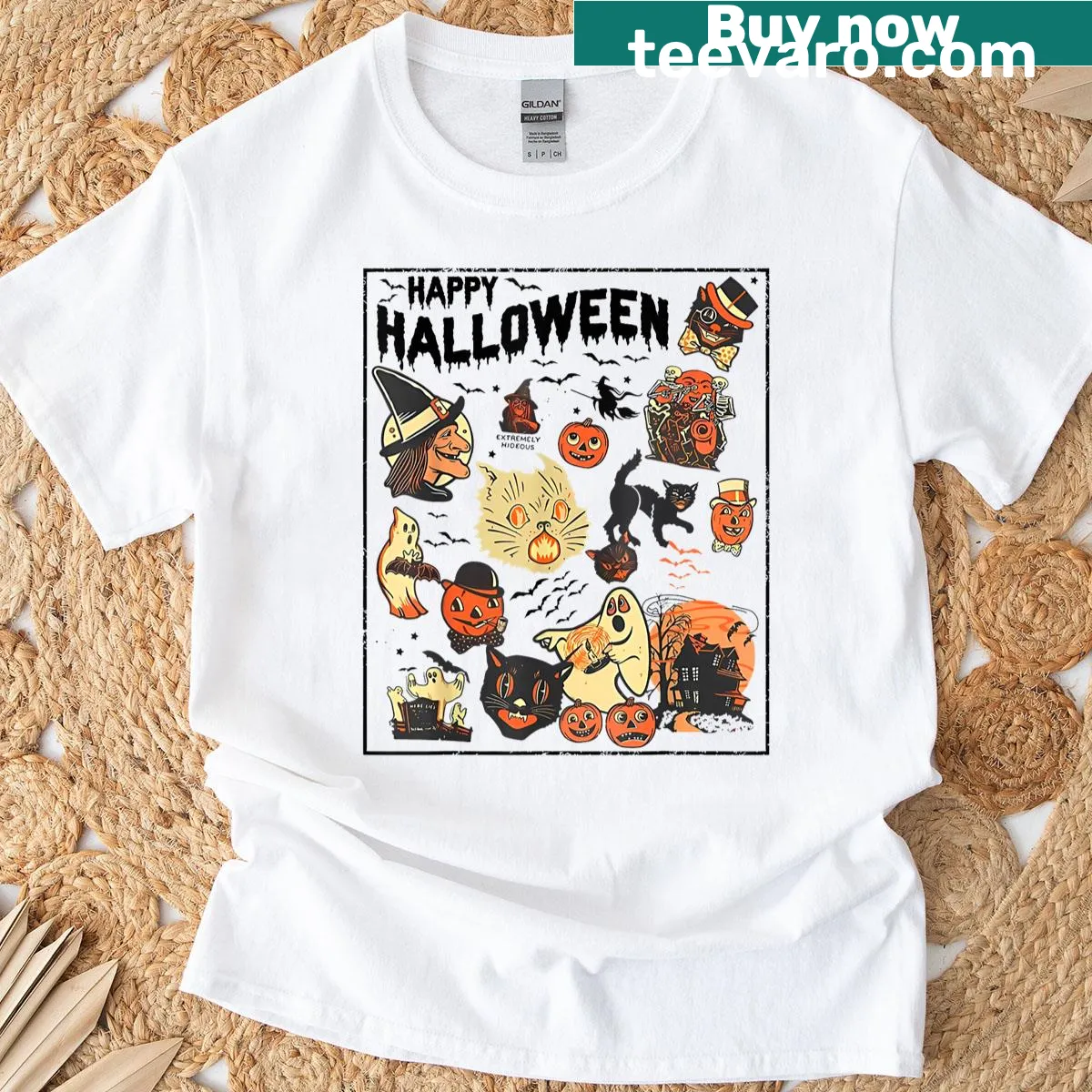 Vintage Halloween graphic with pumpkins, witches, ghosts, and black cats — on a men's t-shirt