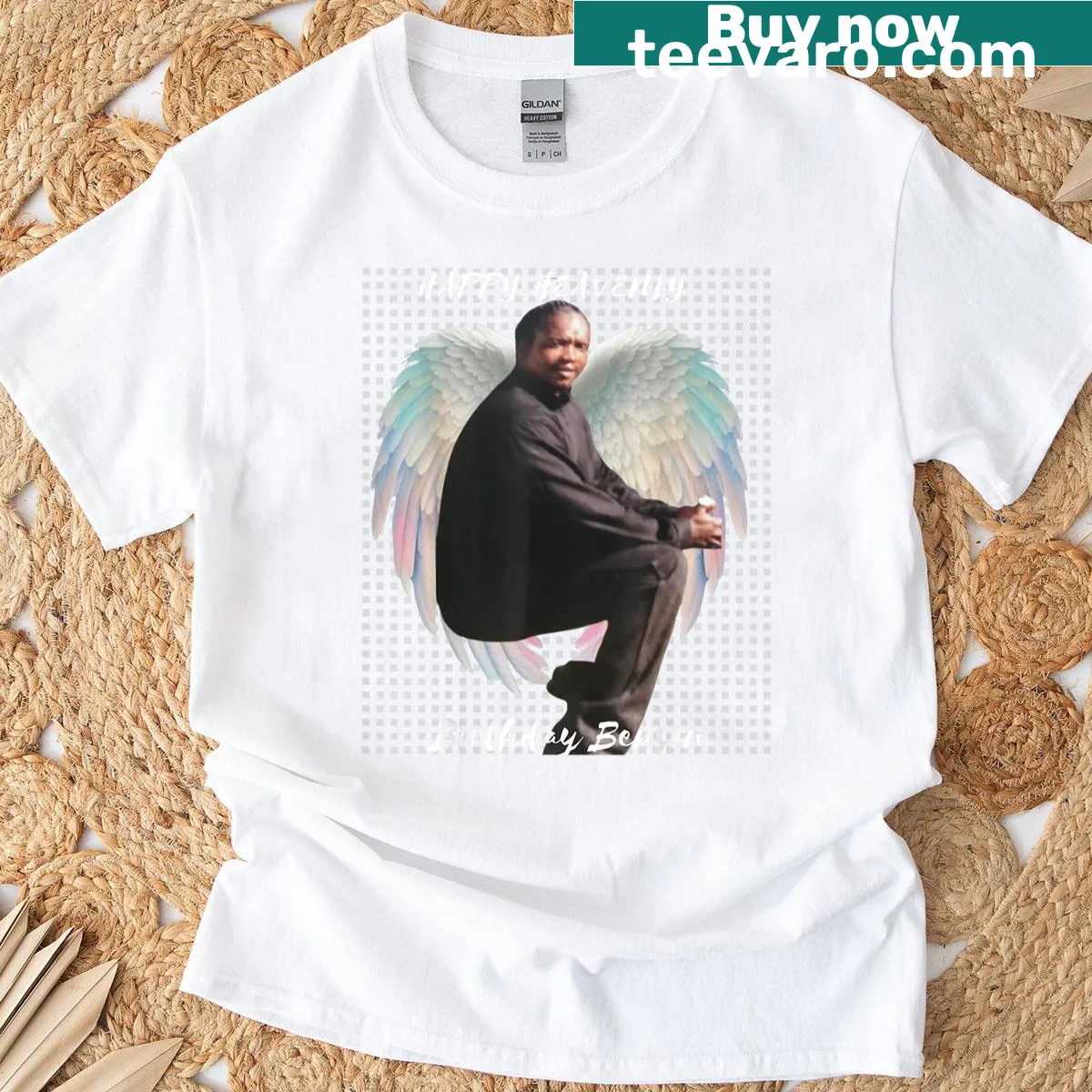 Illustrated angel wings design for a memorial tribute shirt — on a men's t-shirt