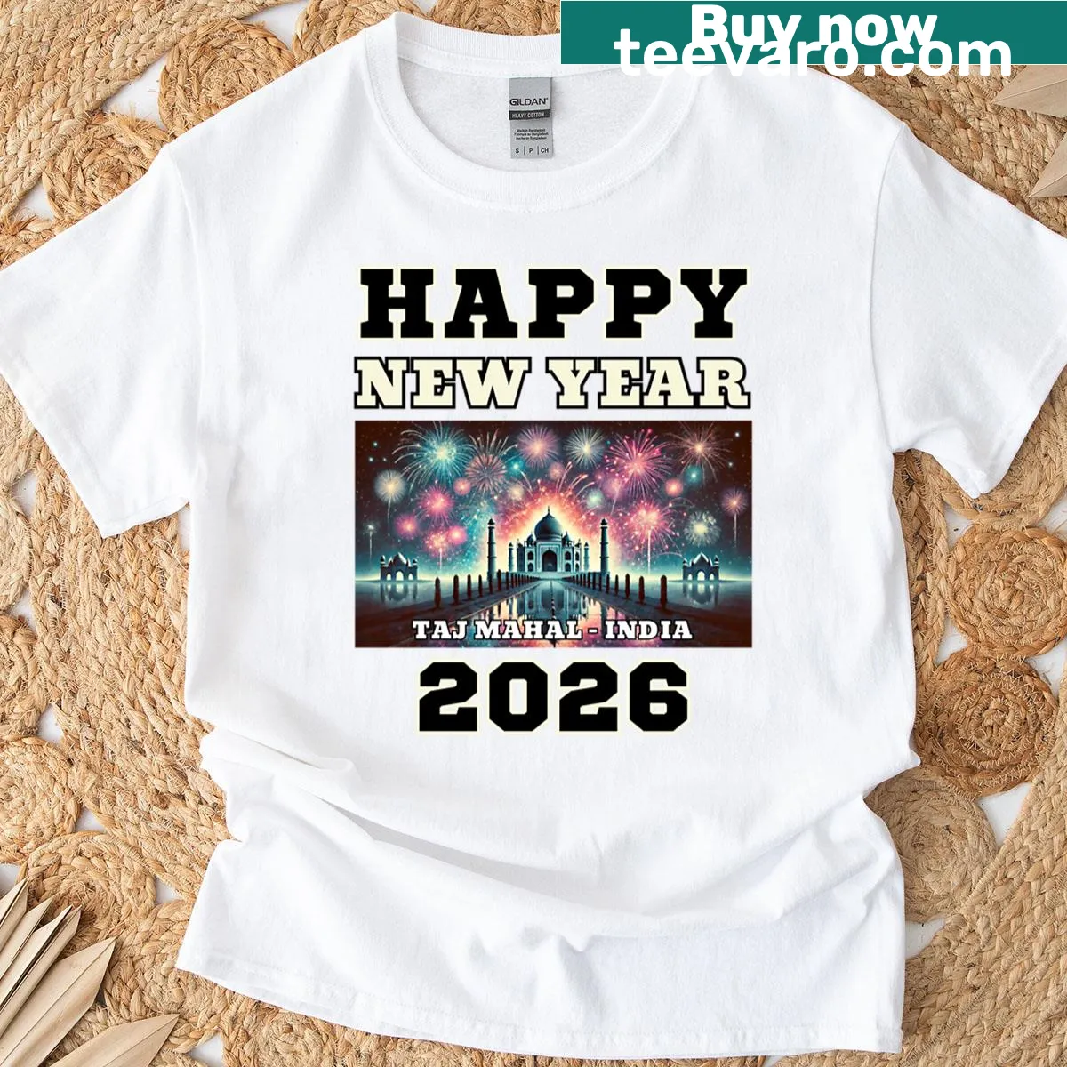 Illustrated Taj Mahal design celebrating New Year 2026 on t-shirt — on a men's t-shirt
