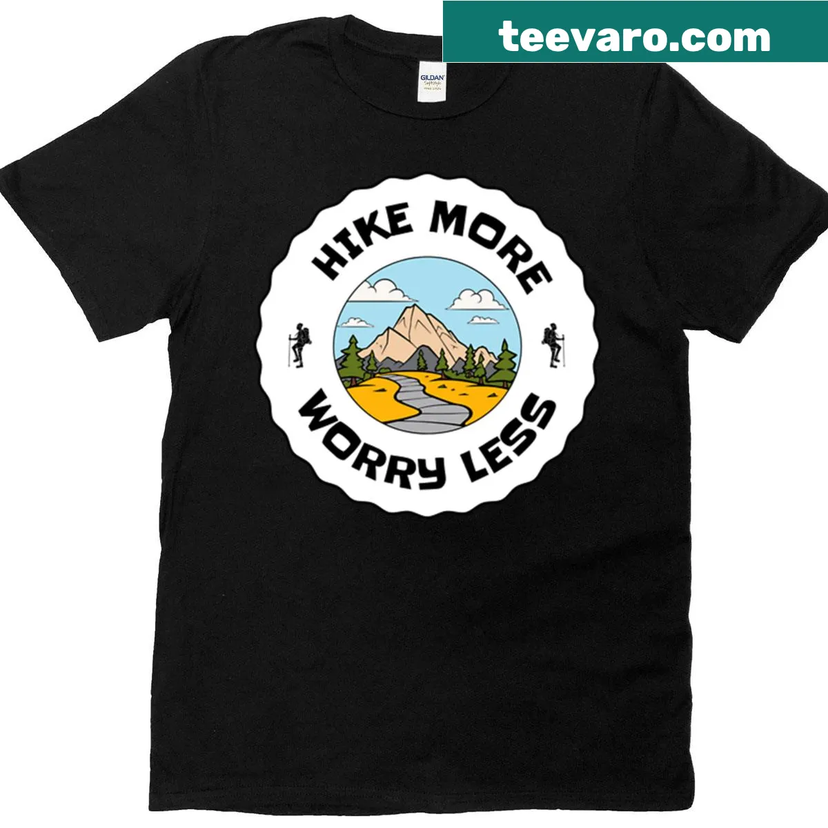 Motivational t-shirt with the phrase Hike More Worry Less — on a men's t-shirt