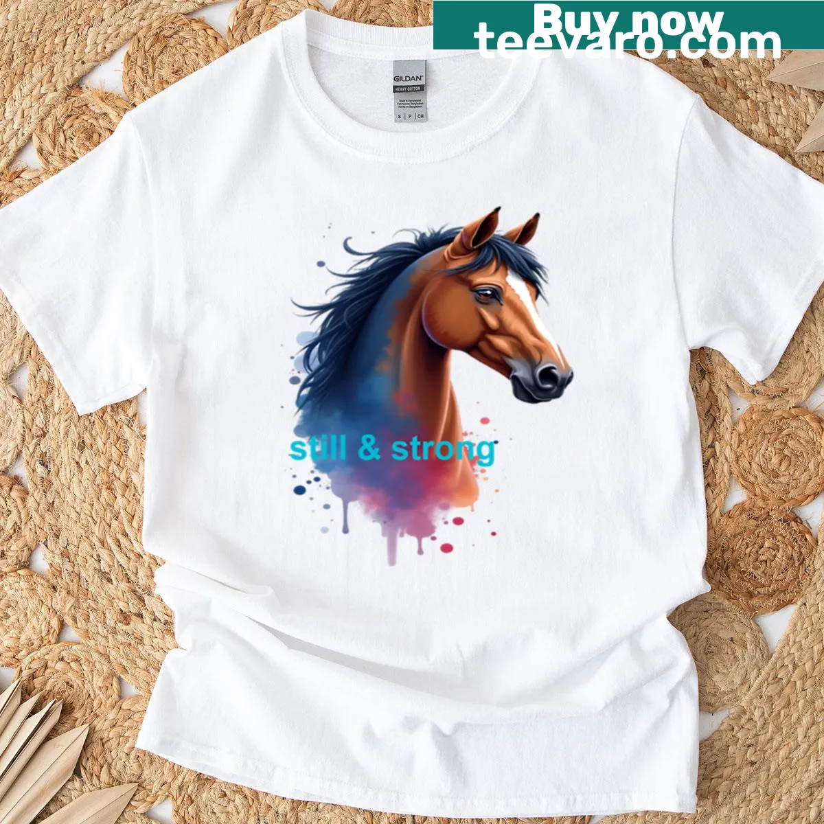 Illustrated horse graphic with the phrase 'Horse Power Still And Strong' — on a men's t-shirt