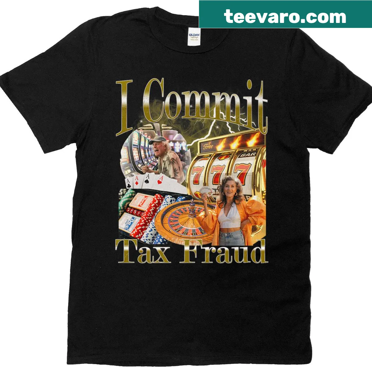 Funny graphic T-shirt about tax fraud with a humorous meme illustration — on a men's t-shirt